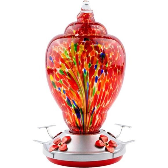 Hummingbird Feeder for Outdoors Patio Large 32 Ounces Colorful Hand Blown Glass - Picture 1 of 8